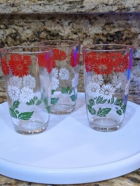 3 Vintage Floral Glass Tumblers - Red, White & Green Hazel Atlas Juice Glasses